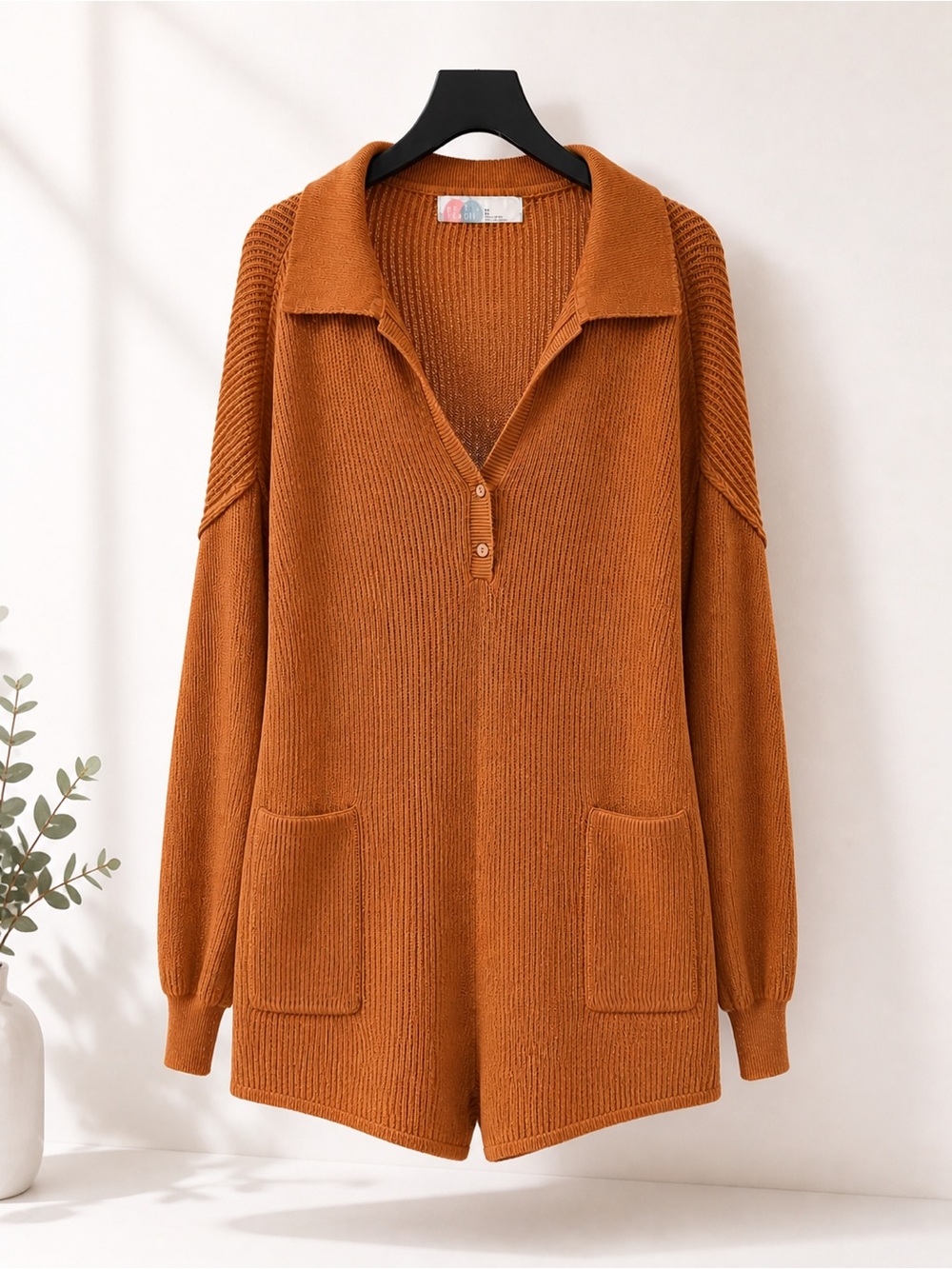 Free People Rust Collared V-Neck Knit romper